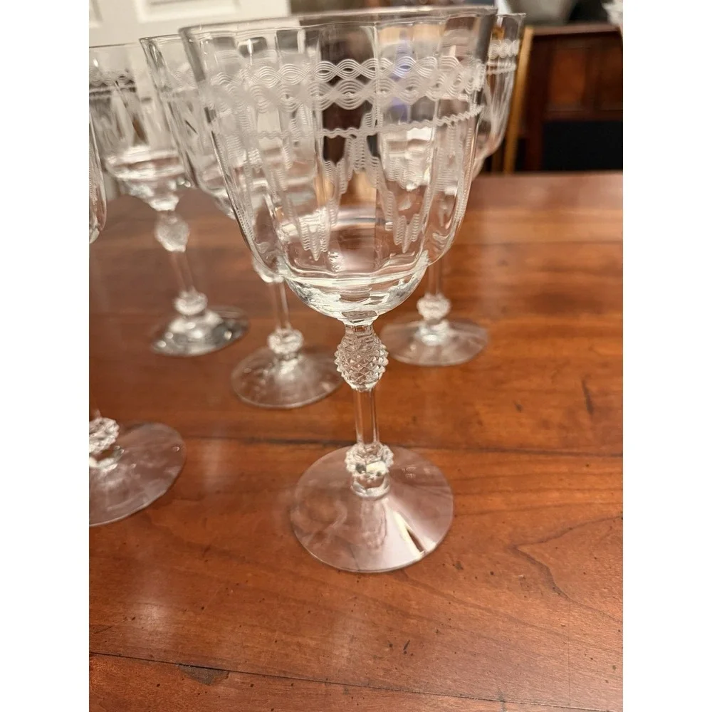 Set of 5 Fostoria Glass Castle Geometric‎ Needle Etch #87 Water Goblets 7.5